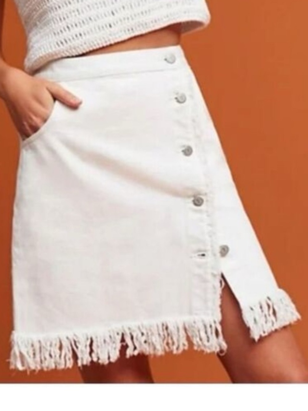 Anthropologie Pilcro and the Letterpress White Button-Front Fringe Mini Skirt